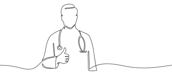 Doctor holds up his thumb in one continuous line. Dynamic single line draw design vector illustration Editable stroke.