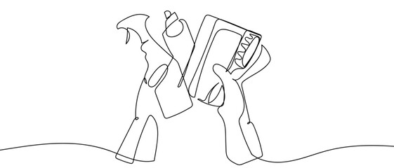 Cleaning equipment in one continuous line Dynamic single line draw design vector illustration Editable stroke.