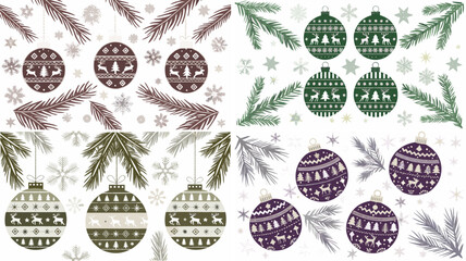 Festive christmas pattern featuring ornaments with reindeer and trees snowflakes and evergreen branches design