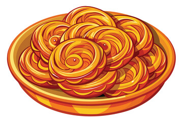 Cartoon golden pastries arranged inside an orange bowl create a delicious, swirling pattern