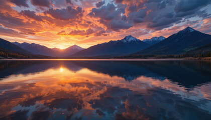 Lake reflection of mountains and sunset clouds view
