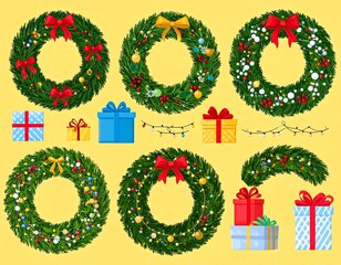 Collection of festive Christmas wreaths and presents on a warm yellow background