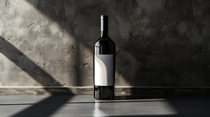A dark wine bottle with a blank label stands against a textured wall with light and shadow play