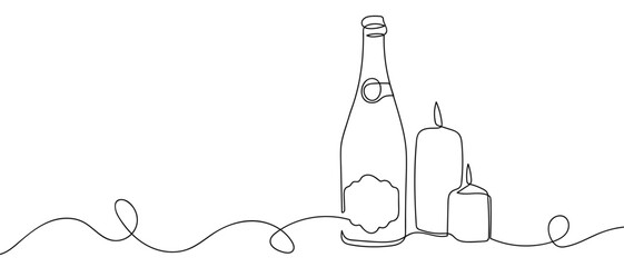 Wine bottles and candles in one continuous line. Dynamic single line draw design vector illustration Editable stroke.