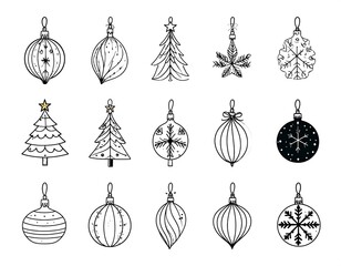 Collection of fifteen black-and-white sketched Christmas ornaments and trees on white