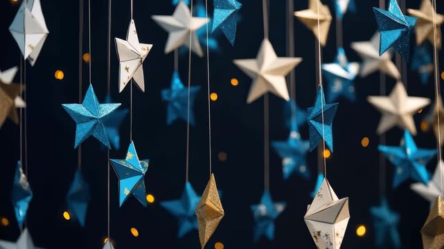 Colorful paper stars in blue, gold, and white dangle from above, illuminated by soft lights in the background, perfect for festive gatherings and decorations.