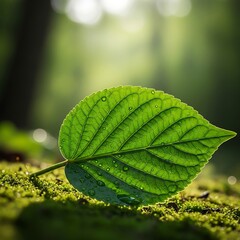 Closeup of a vibrant green leaf covered in water droplets in the forest