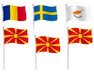 Collection of flags waving in the wind. 3 top, 3 bottom, on white background