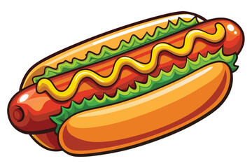 Cartoon hotdog illustration with bright colors features mustard and lettuce on fresh bun