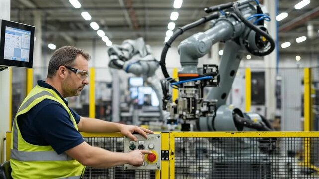 Automated factory control: worker operating robotic arm assembly in industrial setting