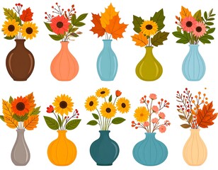 Collection of floral arrangements with sunflowers, autumn leaves in vases on white