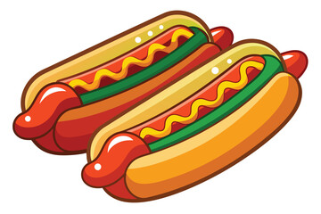 Two appetizing hotdogs are lying side by side featuring mustard and green relish