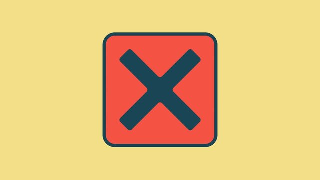 Flat animation of bold dark X mark inside rounded red square with thick outline on soft yellow background