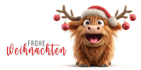 Frohe Weihnachten Grußkarte Postkarte Karte, Illustration mit Text – Lustiges schottische Hochlandrinder mit Weihnachtsmütze oder Nikolausmütze, isoliert auf weissem Hintergrund