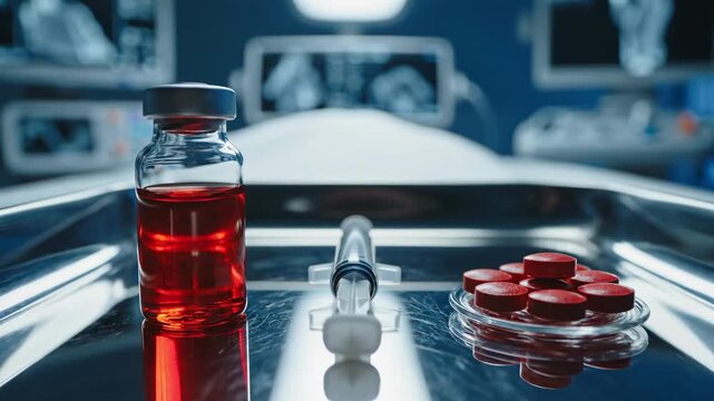 Cinematic video footage of a Vitamin B12 vial placed among medical tools in a laboratory environment, symbolizing healthcare, treatment, and scientific preparation.
