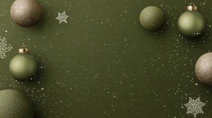 Festive Christmas ornaments and snowflakes on a textured green background