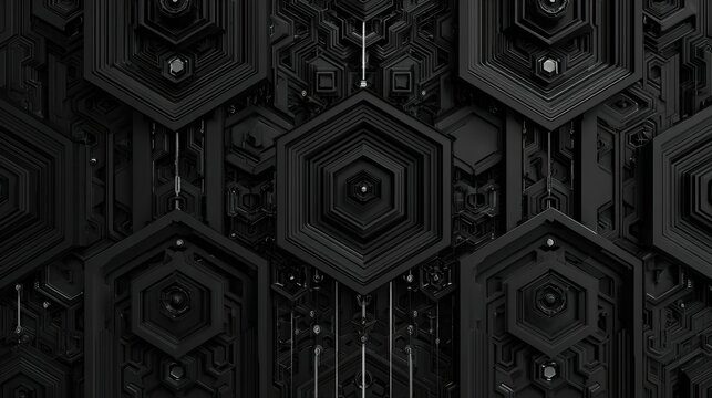 Abstract geometric pattern with hexagonal shapes in a dark, futuristic design