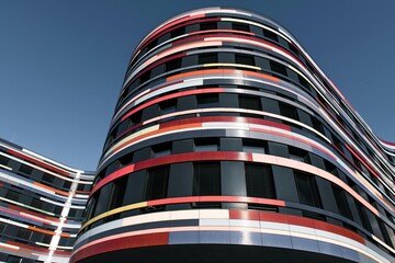 Modern glass and steel business skyscraper tower architecture reflecting the blue city sky