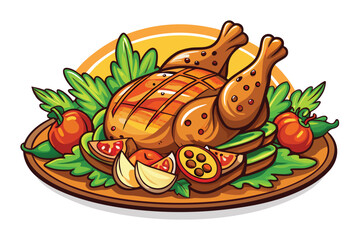 Delicious roasted cartoon turkey is placed on a wooden platter with assorted vegetables