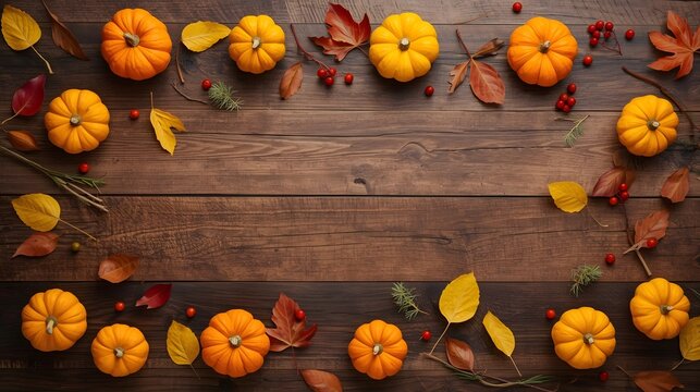 Flat lay arrangement of small pumpkins, scattered yellow and red fall leaves, berries, and twigs on a textured wooden surface, simple autumn theme, clean composition, top view, rich details and warm 