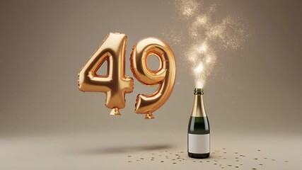 Balloon shaped as number 49, next to popping champagne bottle. Neutral colors for birthday or anniversary