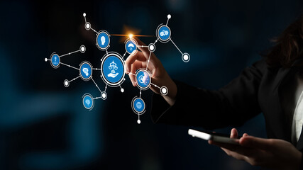 A professional woman interacts with a digital interface using her smartphone, highlighting various legal concepts and technology icons that symbolize justice and innovation. Tessel