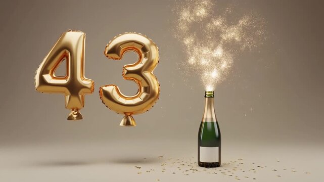 Balloon shaped as number 43, next to popping champagne bottle. Neutral colors for birthday or anniversary