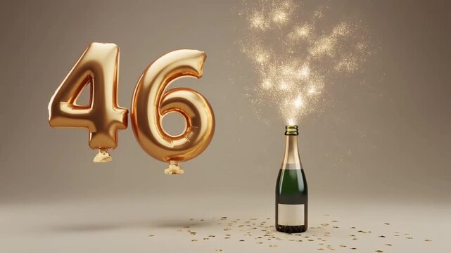 Balloon shaped as number 46, next to popping champagne bottle. Neutral colors for birthday or anniversary