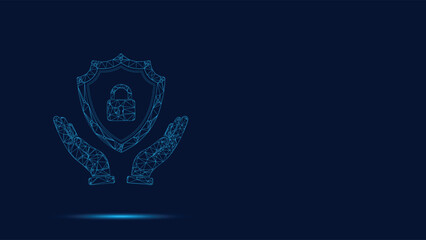 Digital Security Concept With Protecting Hands Holding A Low Poly Shield And Padlock Icon Abstract Wireframe Vector Illustration Representing Data Protection And Cyber Safety On A Dark Blue