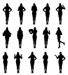 Silhouette of beautiful business woman in different poses set. Various gestures female character standing isolated vector illustration