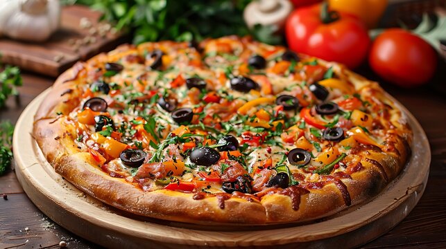 Veggie supreme pizza with bell peppers and olives