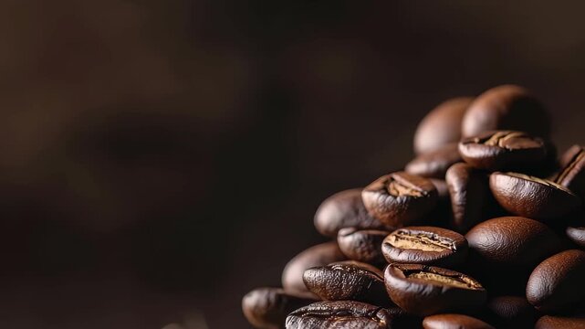 A mound of dark roasted coffee beans rests on textured burlap fabric, highlighting the rich colors and aromas of freshly brewed coffee in an inviting setting.