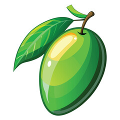 Vibrant green mango displays a glossy surface with two leaves extending from a stem