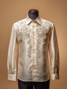 Elegant Cream Barong Tagalog Shirt on Faceless Mannequin Displayed in Studio Lighting Showcasing Intricate Embroidery and Filipino Fashion