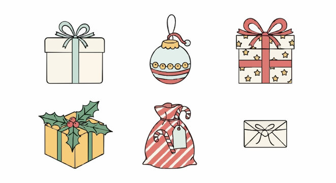 Collection of festive Christmas presents, ornaments, and gift bags, perfect for holiday design elements