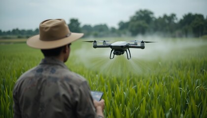 Fototapeta premium Precision farming with drone technology for crop spraying in a vast green field, revolutionizing agriculture with aerial efficiency and modern farming practices