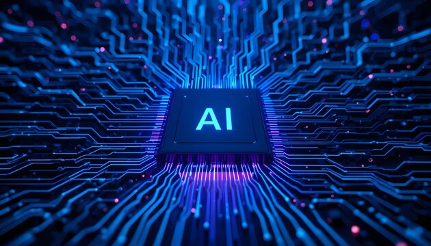 Futuristic AI microchip glows with electric blue light, symbolizing technological innovation and digital transformation in modern business solutions