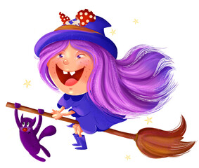 The little witch is flying on a broom. A funny Halloween character. Children's illustration. A clipart, a sticker on a transparent background.