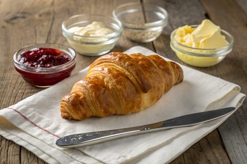 Breakfast Delight: A freshly baked croissant, complemented by a selection of condiments like jam, butter, and cream, all thoughtfully arranged on a rustic wooden table.