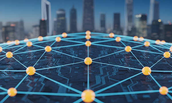 Dynamic network connecting urban innovation, modern technology infrastructure