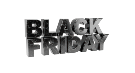 BLACK FRIDAY text in 3D, iconic shopping event, transparent PNG background, massive sale promotion.