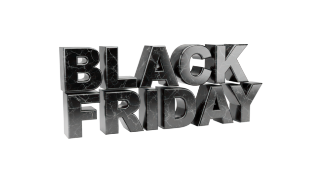 BLACK FRIDAY text in 3D, iconic shopping event, transparent PNG background, massive sale promotion.