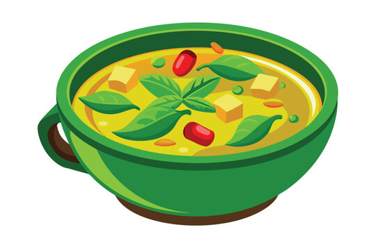 Green bowl showcases a flavorful vegetable soup with tofu cubes and vibrant basil leaves