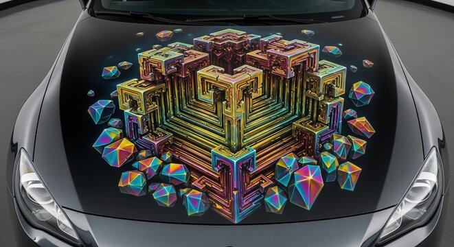Custom airbrush art of a colorful bismuth crystal on the hood of a modern luxury sports car
