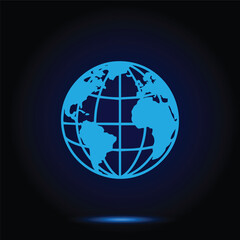 Global World Map Icon Vector Graphic Depicting Planet Earth Sphere With Continents Grid Lines And Bright Blue Illumination Against A Dark Background Perfect For Technology And Communication