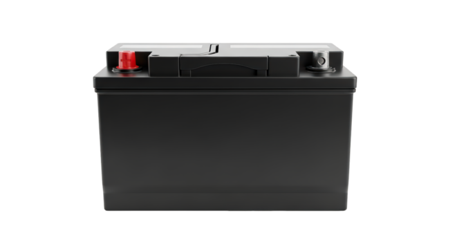Car battery, essential electrical power source, transparent PNG background, maintenance required.