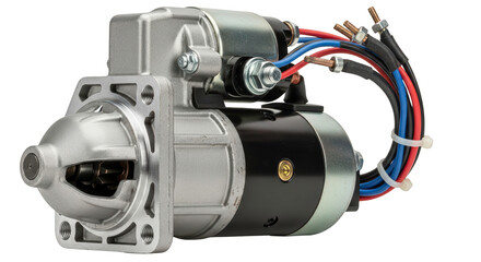 Car starter motor, powerful engine ignition device, transparent PNG background, auto repair.