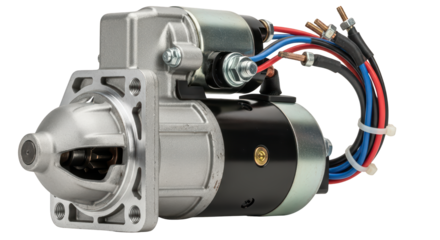 Car starter motor, powerful engine ignition device, transparent PNG background, auto repair.