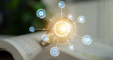 An image depicting a light source surrounded by various technology icons overlaying an open book, illustrating the fusion of knowledge and modern digital advancements. Crux