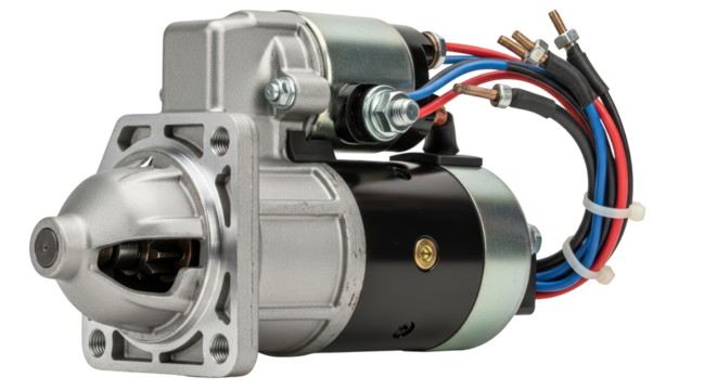 Car starter motor, powerful engine ignition device, transparent PNG background, auto repair.